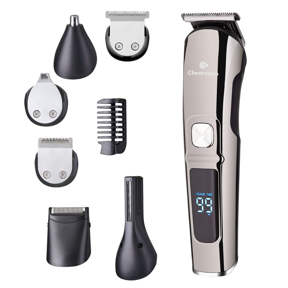 Beard Trimmer Hair Clipper, Cheersoon Beard Trimmer for Men Cordless Hair Clipper for Men with Multifunction Mustache Trimmer, Hair Trimmer LED Display, IPX Waterproof, Nose & Ear Trimmers