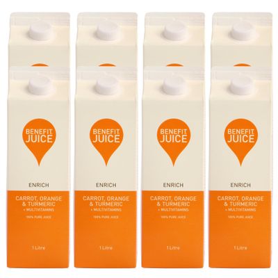Benefit Drinks Pure Carrot, Orange & Turmeric Juice with Vitamin A, C and E - 8 x 1L Pack - Healthy Drinks Superfood