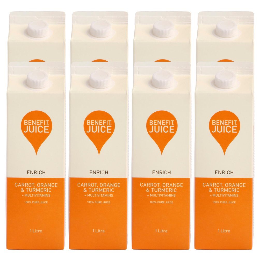 Benefit Drinks Pure Carrot, Orange & Turmeric Juice with Vitamin A, C and E - 8 x 1L Pack - Healthy Drinks Superfood