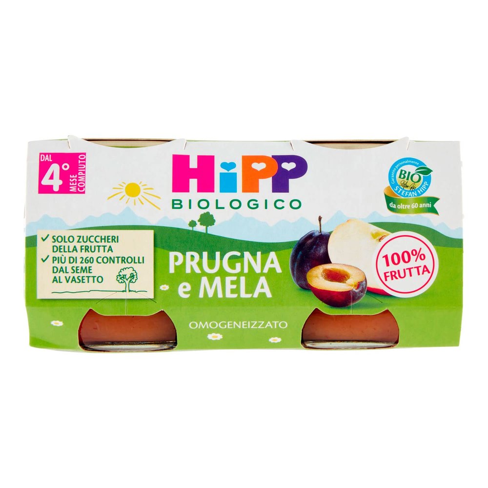 HiPP Omogeneizzato Biologico di Prugna e Mela dai 4+ MESI, 2 x 80g