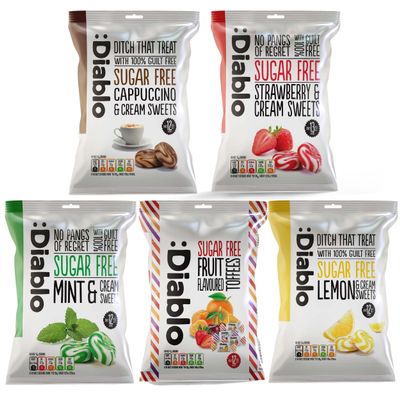 Diablo Retro Sugar Free Sweet Variety Pack - Strawberry & Cream, Lemon & Cream, Cappuccino & Cream, Mint & Cream, Fruit Flavored Toffees - Hard Candy Gift Box, Mother's Day, Father's Day - 5 x 75g