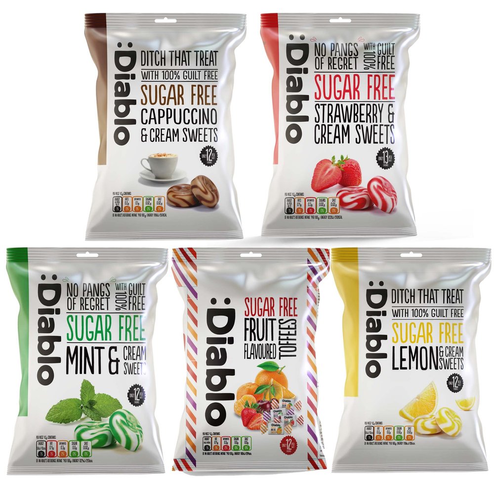 Diablo Retro Sugar Free Sweet Variety Pack - Strawberry & Cream, Lemon & Cream, Cappuccino & Cream, Mint & Cream, Fruit Flavored Toffees - Hard Candy Gift Box, Mother's Day, Father's Day - 5 x 75g