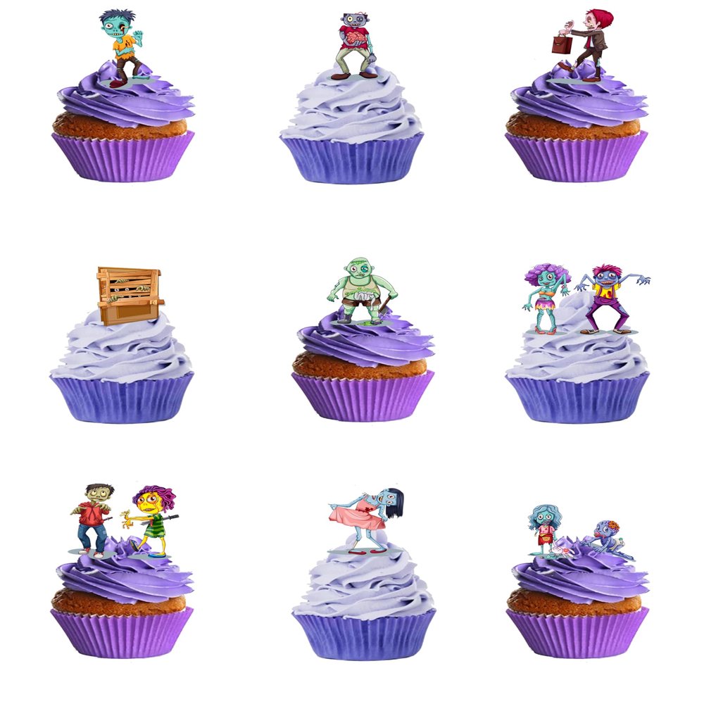 45 Stand Up Cartoon Zombie Halloween Themed Edible Wafer Paper Cake Toppers Decorations