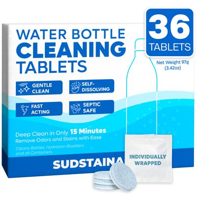 Sudstainables SoJourner Bags Water Bottle Cleaning Tablets - 36 Pack, Chlorine & Odor Free, Hydration Bladder and Water Bottle Cleaner Tablets, Removes Stubborn Stains & Odors