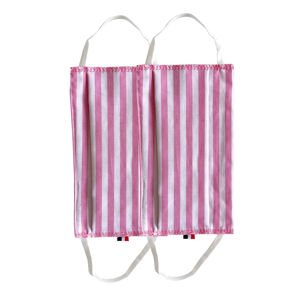 AFNOR Standard Washable Face Mask 100% Cotton Poplin with Nasal Barrette Made in France 2 Layers Pink Stripes Pack of 2 (Adult Size 10 x 20 cm)