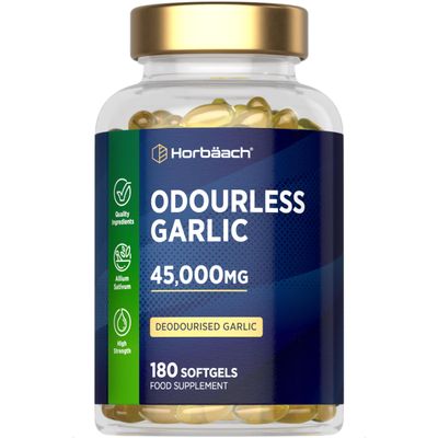 Odourless Garlic Capsules 45,000mg | 180 Softgels | High Strength Deodorised Garlic Oil Extract | by Horbaach