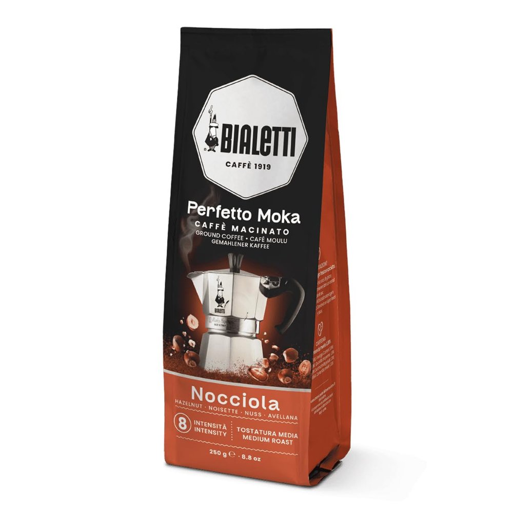 Bialetti Perfetto Moka Ground  Authentic Italian Roast for Moka Pots & Stovetop Brewers, Rich Aroma & Smooth Finish, Compatible with Aeropress, Cafetiere & Home Machines (250g, Hazelnut)