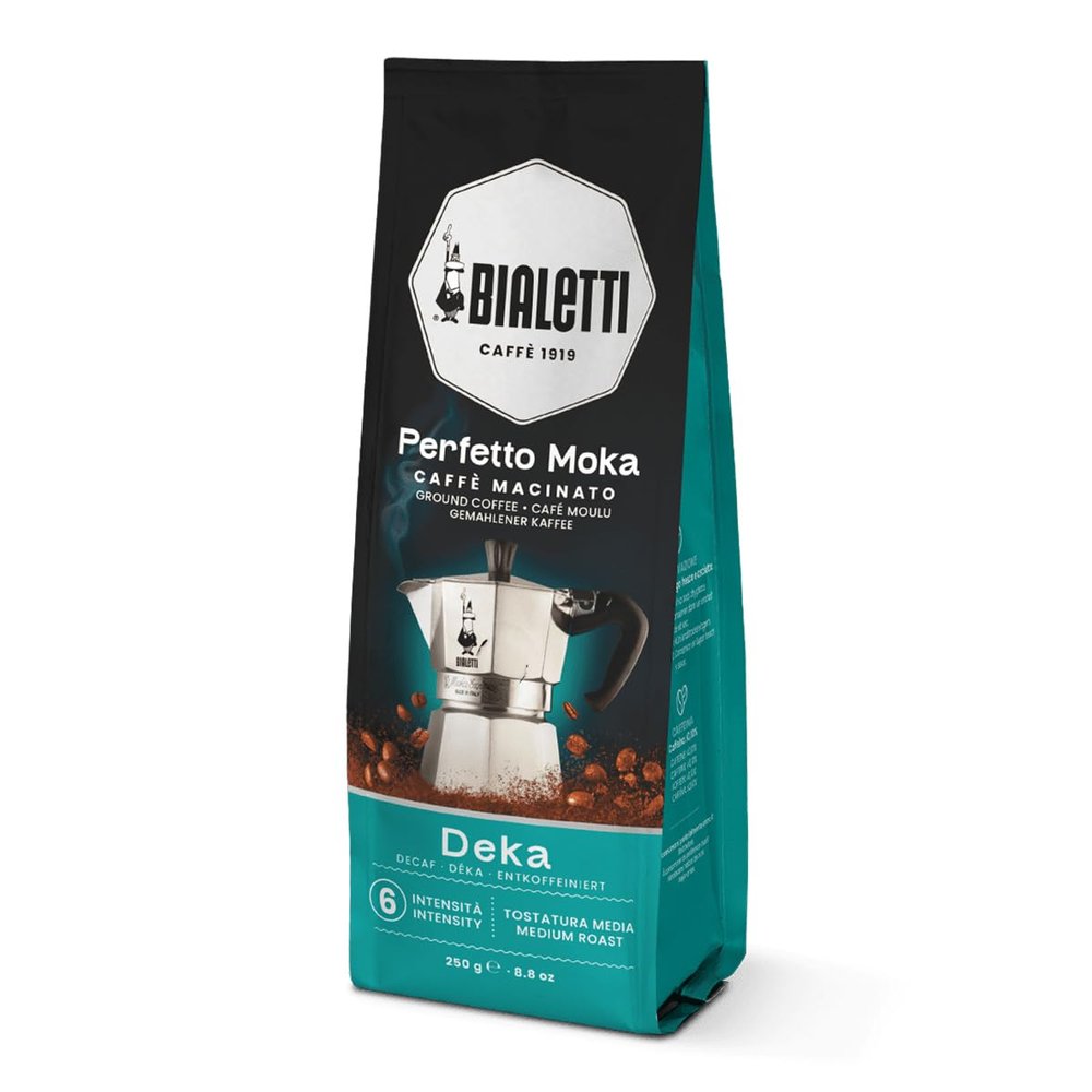 Bialetti Perfetto Moka Ground  Authentic Italian Roast for Moka Pots & Stovetop Brewers, Rich Aroma & Smooth Finish, Compatible with Aeropress, Cafetiere & Home Machines (250g, Decaf)