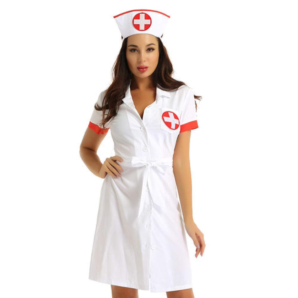 KHDFYER Women Sexy Bodysuits Lace Women Adults Nurse Uniform Fancy Funny Exotic Costumes Halloween Outfit Parties Lapel Collar Button Down Dress with Belt and Hat-White_M
