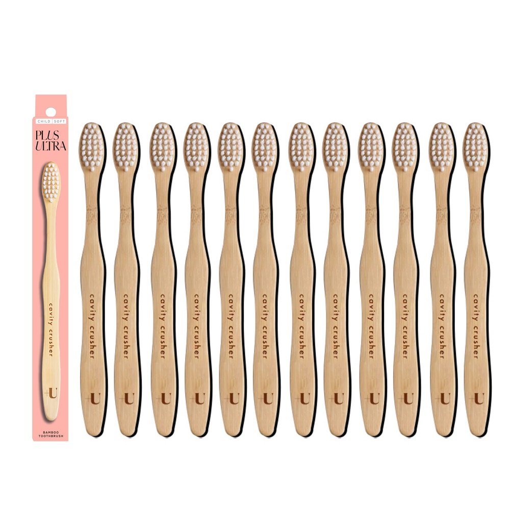 Kids Biodegradable and Eco-Friendly Bamboo Toothbrush 12-Pack - BPA Free Soft Bristle - Dentist-Approved and All-Natural with "Cavity Crusher" Etched on Handles by Plus Ultra