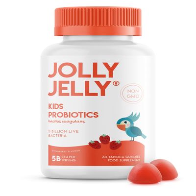 Kids Probiotics Gummies - 5B CFU Bacillus Coagulans Live Bacterial Cultures  60 Vegan Gummies - Age 4+, Strawberry Flavour by Jolly Jelly