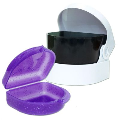 Sonic Cleaner and Retainer Case ~ Storage Case and Container for Soaking Ortho Retainers, Sports Dental Appliances, Dentures & More (Glitter Purple Case)