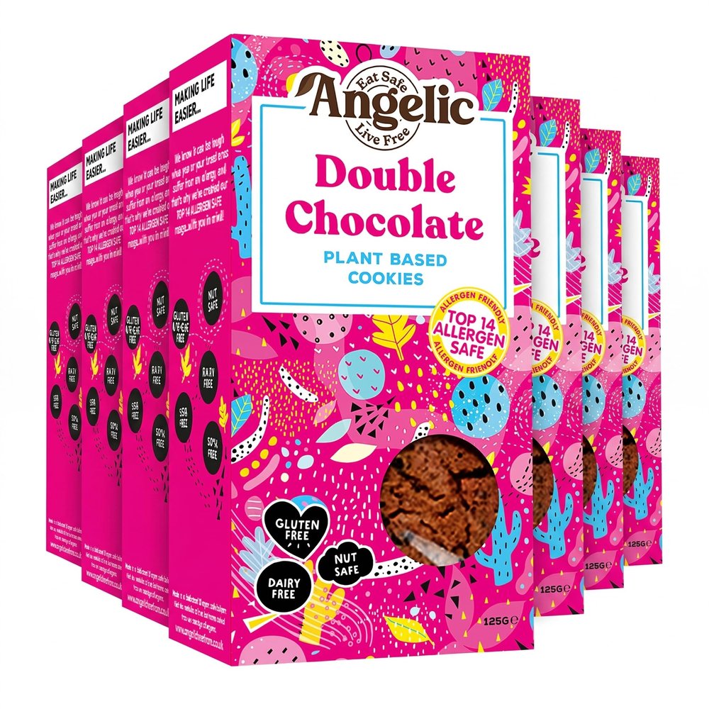 Angelic Free From 8 Pack Double Chocolate Chip Vegan & Gluten Free Cookies. Dairy, Nuts, Soya, Egg, Peanut & Wheat Free. Allergy Safe Multipack Biscuits Free From Top 14 Allergens. (8 x 125g)