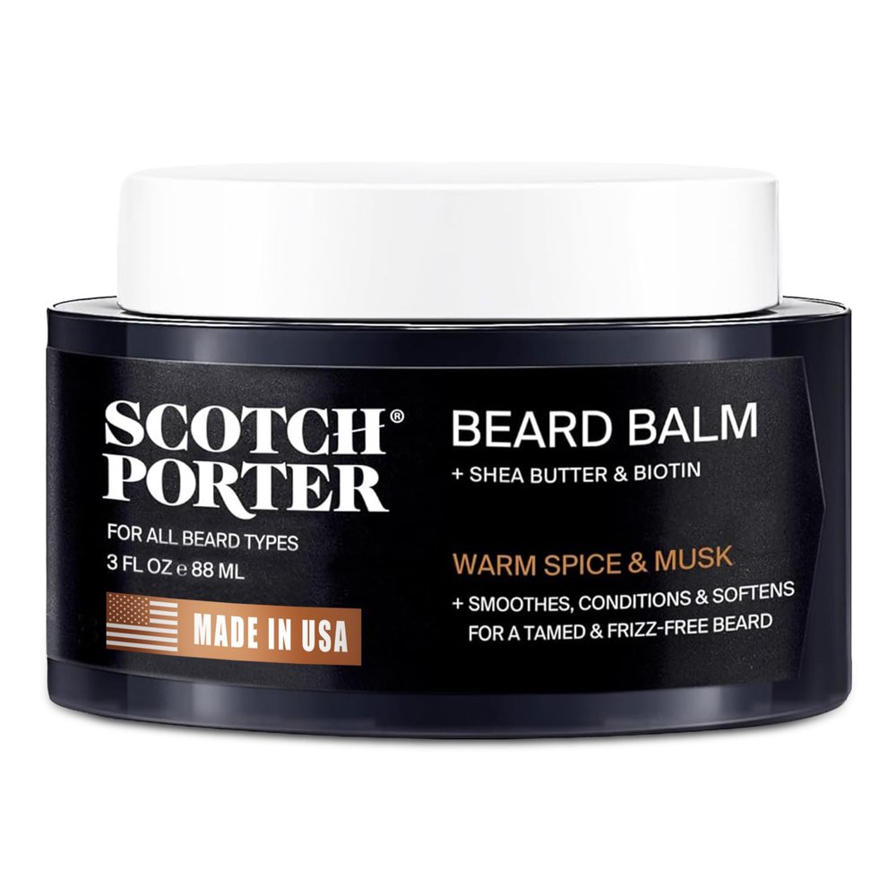 Scotch Porter Conditioning Beard Balm for Men | Hydrates, Smooths, Adds Shine & Tames Flyaway Hair | Formulated with Non-Toxic Ingredients, Free of Parabens, Sulfates & Silicones | Vegan | 3oz Jar