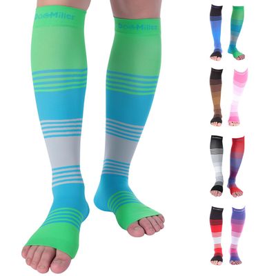Doc Miller Toeless Compression Socks for Women & Men  Open Toe Calf Support Sleeves, 20-30mmHg Knee High, Lightweight & Breathable for Circulation, 1 Pair, Open Toe GreenBlueGray, XXXL