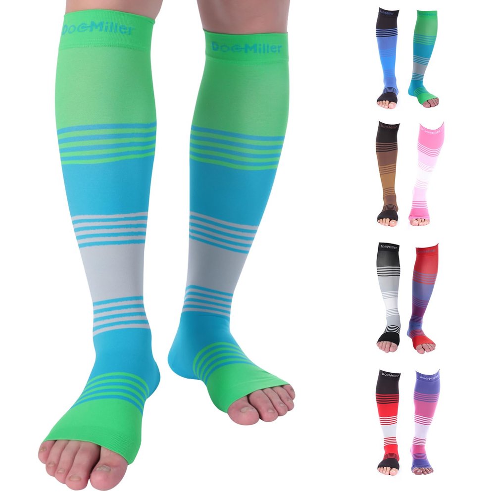 Doc Miller Toeless Compression Socks for Women & Men  Open Toe Calf Support Sleeves, 20-30mmHg Knee High, Lightweight & Breathable for Circulation, 1 Pair, Open Toe GreenBlueGray, XXXL