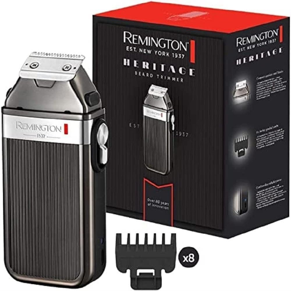 Remington, Vintage Men's Beard Trimmer, Design, 8 Fixed Barber Combs (1.5-15 mm), Rechargeable, 60 min. Autonomy, Case Included, LED Battery, Heritage MB9100