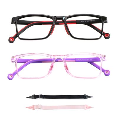 LAMBBAA 2 Pack Kids Blue Light Blocking Glasses, Computer Glasses with Rope, Anti Blurry and Eyestrain, Cut UV400 Anti Glare for Children Age 3-12 (Black Red, Clear Pink)