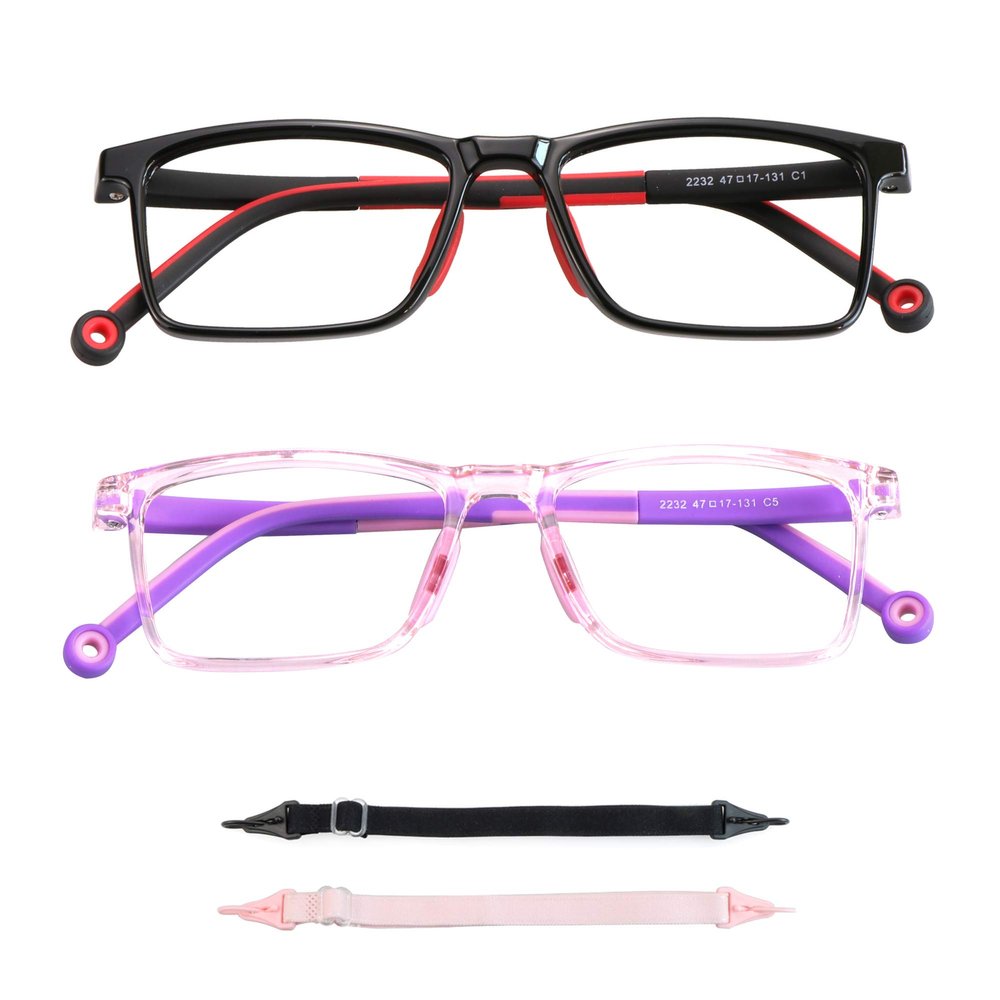 LAMBBAA 2 Pack Kids Blue Light Blocking Glasses, Computer Glasses with Rope, Anti Blurry and Eyestrain, Cut UV400 Anti Glare for Children Age 3-12 (Black Red, Clear Pink)
