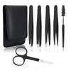 UUBAAR 6 PCS Professional Tweezers Set - Stainless Steel Precision Tweezer Kit for Eyebrows, Facial Hair, Ingrown Hair & Splinter Removal with Travel Case (Black) view 1