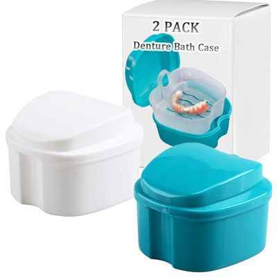 THINKPRICE Denture Bath Box Cup, Complete Clean Care for Dentures, Clear Braces, Mouth Guard, Night Guard & Retainers,Traveling (Blue & White)
