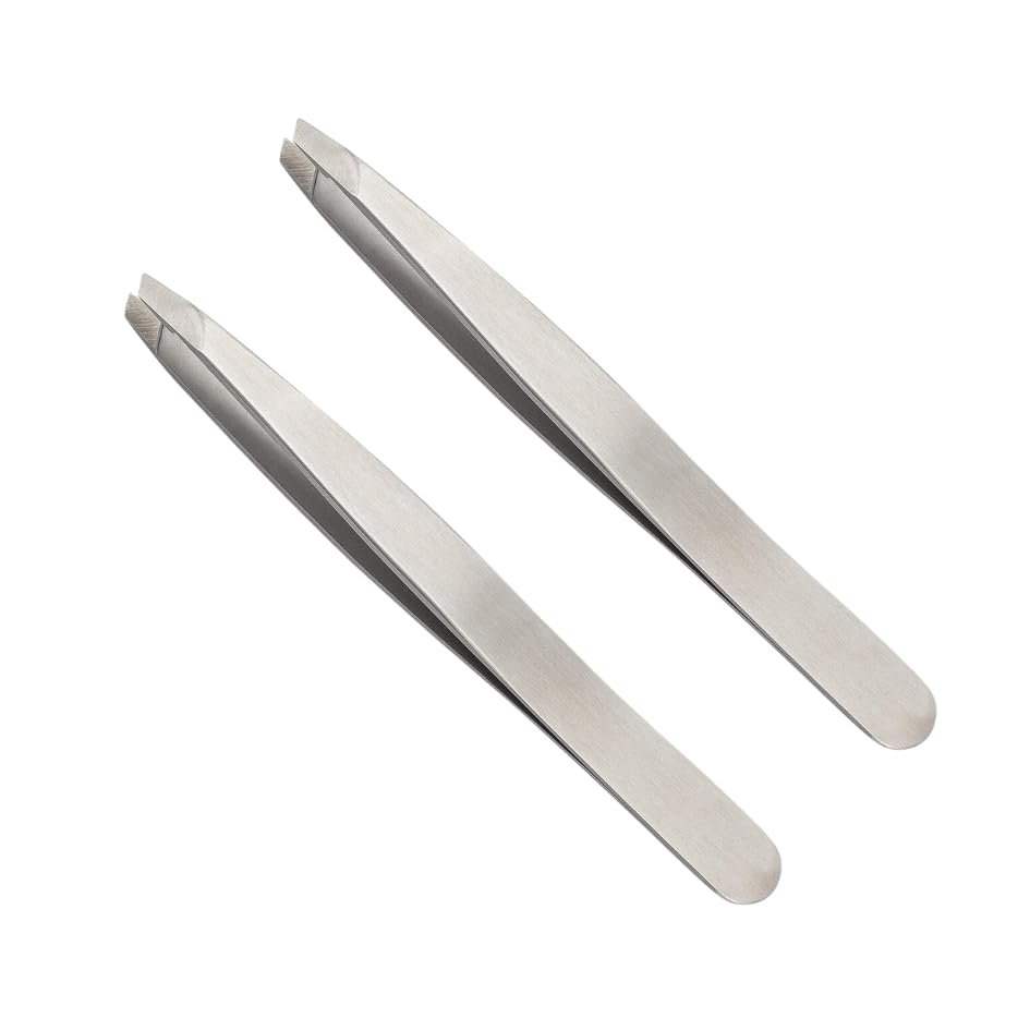 1.Angled Tip Precision Tweezers Salon-Quality Tweezers Brow Grooming, Facial Hair Removal Stainless Steel Tweezers Pack of 2 Professional Grade Tweezers