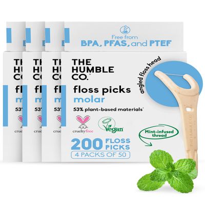 The Humble Co. Floss Picks (200 Count) - Plant Based Dental Floss Picks with Grip Handle for Superior Oral Care, Mint