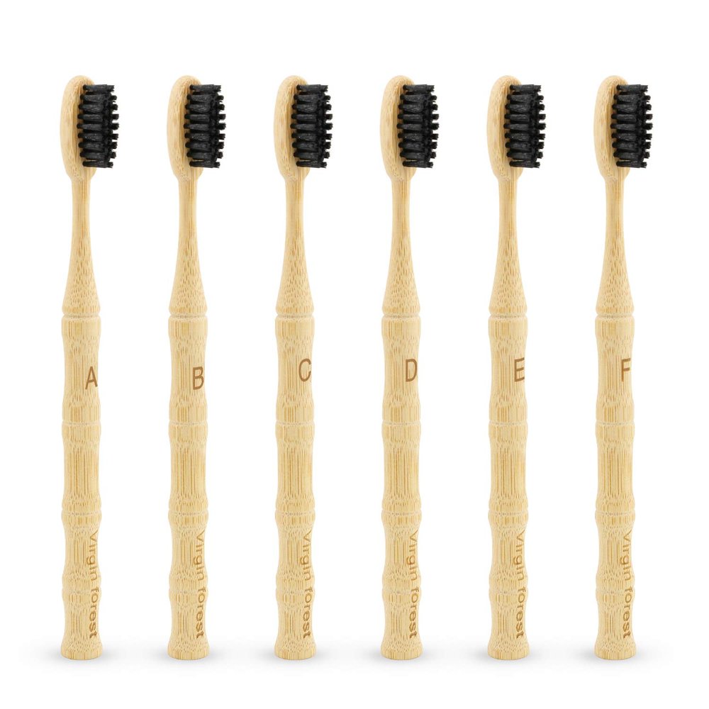 Bamboo Toothbrushes, Vegan Natural ECO Friendly Wood Toothbrush, Biodegradable Organic Bamboo Charcoal Tooth Brush, Pack of 6 6 Black-a