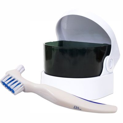 Sonic Cleaner and Brush ~ Storage Container for Soaking and Cleaning Ortho Retainers, Dentures and More (White Brush)