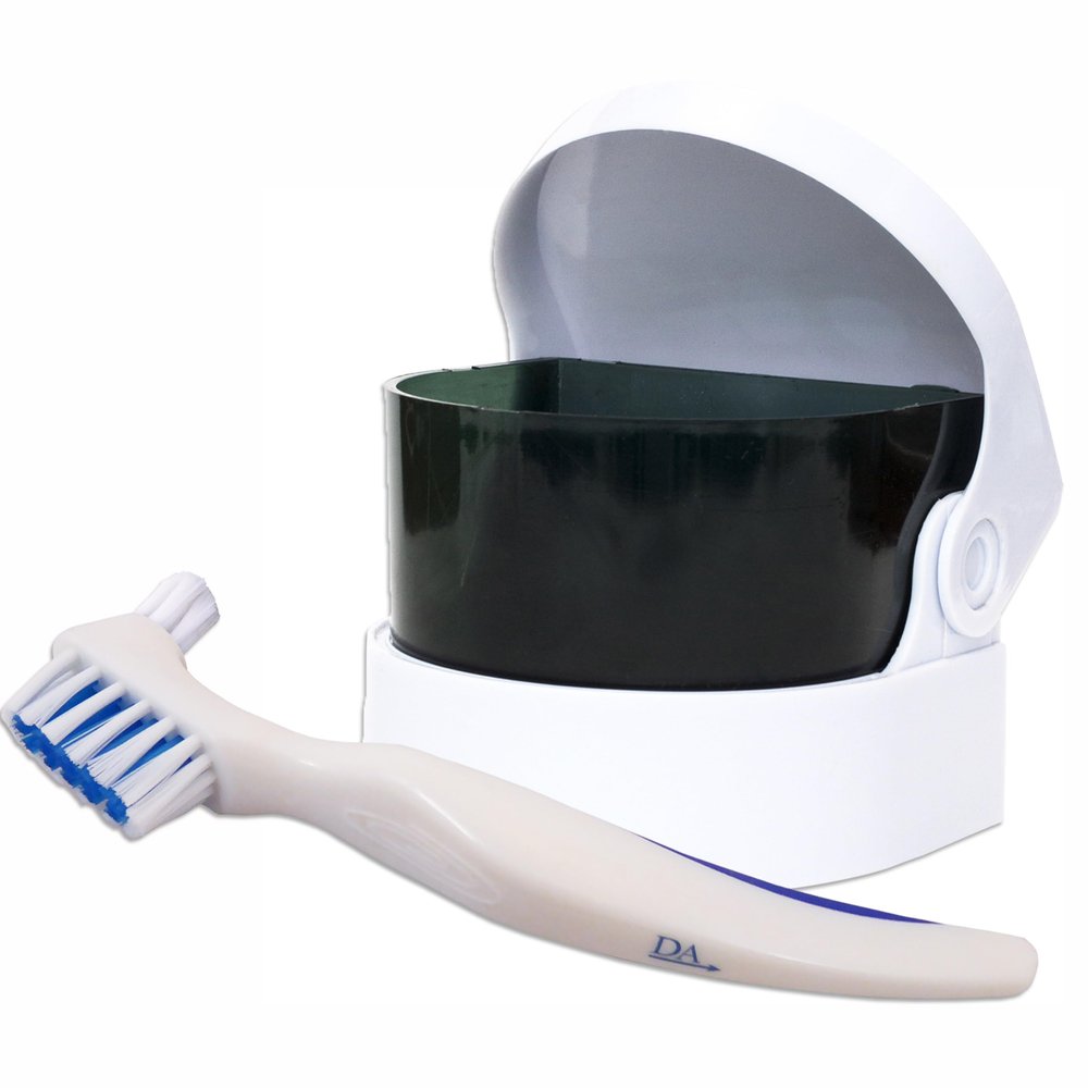 Sonic Cleaner and Brush ~ Storage Container for Soaking and Cleaning Ortho Retainers, Dentures and More (White Brush)