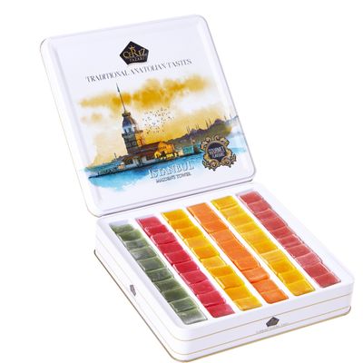 Cerez Pazari Turkish Delight Candy Gift Basket 725g, Gourmet Lokum Dessert Corporate, Christmas, Thanksgiving, Halloween Food Gifts in Elegant Tin Box with 6 Unique Flavors -No Nuts
