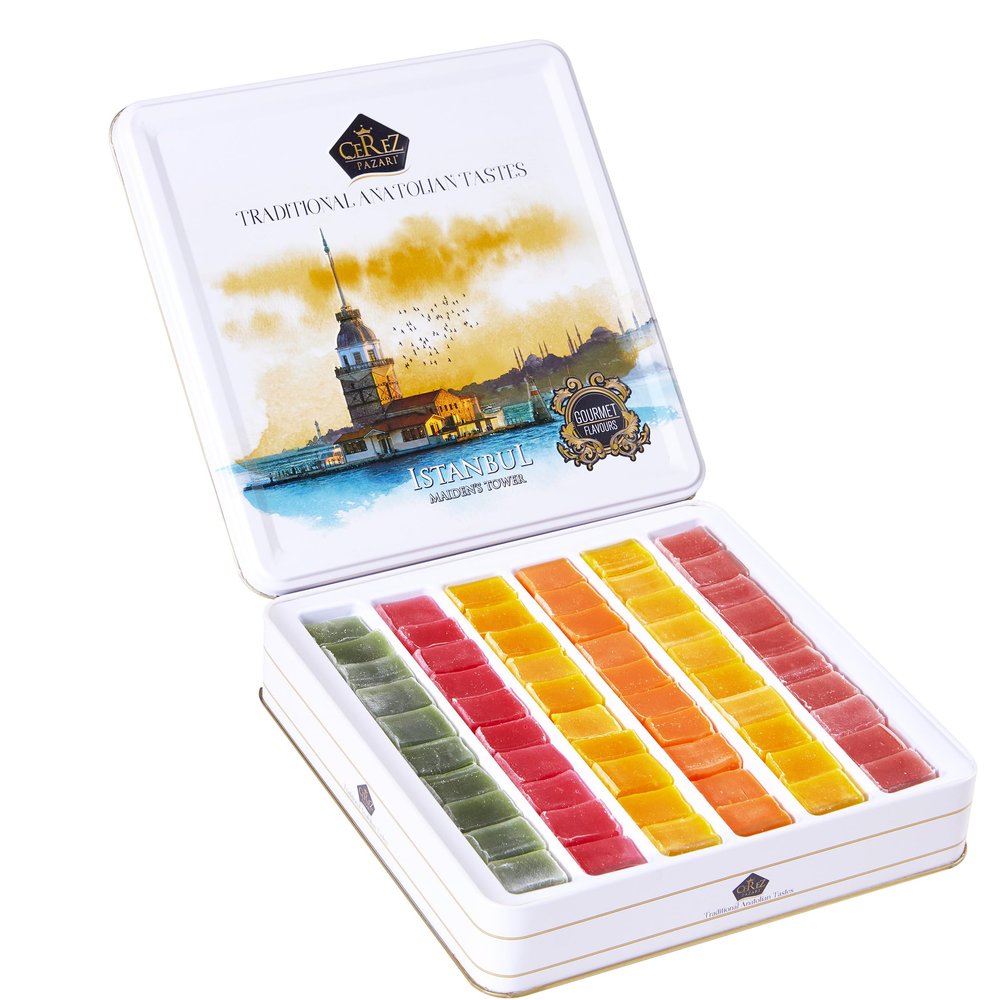 Cerez Pazari Turkish Delight Candy Gift Basket 725g, Gourmet Lokum Dessert Corporate, Christmas, Thanksgiving, Halloween Food Gifts in Elegant Tin Box with 6 Unique Flavors -No Nuts