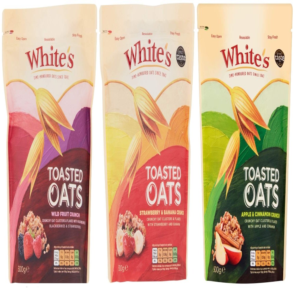 Whites Toasted Oats - 500g, 3 Pack - Variety Pack (1 x Apple & Cinnamon, 1 x Wild Fruit, 1 x Strawberry & Banana)_AB