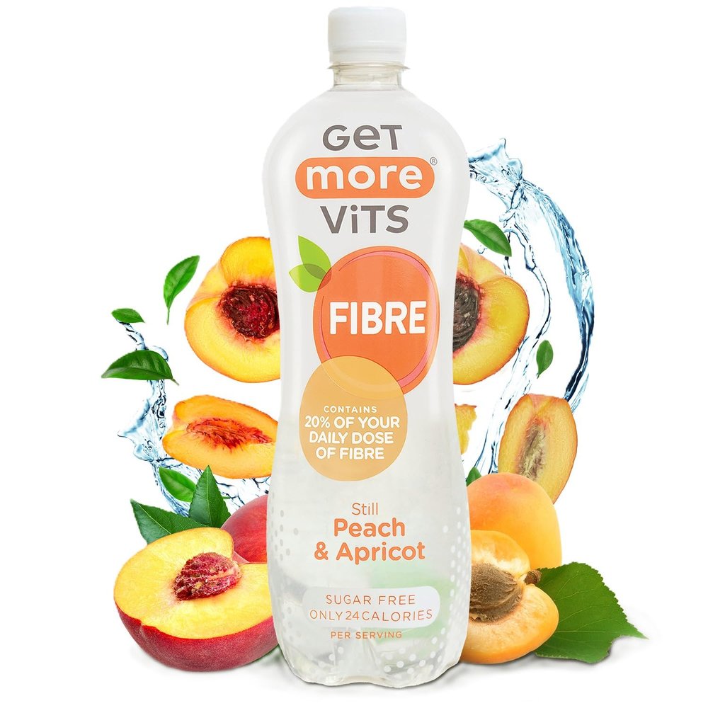 Get More Vits Still Water - Vegan Flavoured Water Multipack with 20% Suggested Daily Fibre - Low Calorie Peach & Apricot Sugar Free Drinks - 1 Litre Bottles, Pack of 12