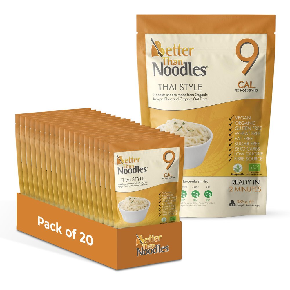 Better Than Noodles Thai Style Konjac Noodles (Pack of 20, 385g Each) Ready in Minutes, Low Calorie Noodle Alternative, Made with Organic Konjac Flour & Oat Fibre, Gluten-Free, Vegan, No Added Sugar