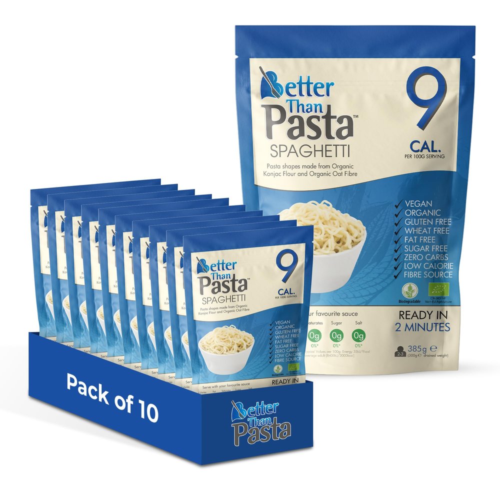 Better Than Pasta Spaghetti Konjac Pasta (Pack of 10, 385g Each) Zero Carb Spaghetti Alternative, Made with Organic Konjac Flour & Organic Oat Fibre, Low Calorie, Gluten Free, Vegan, Sugar Free