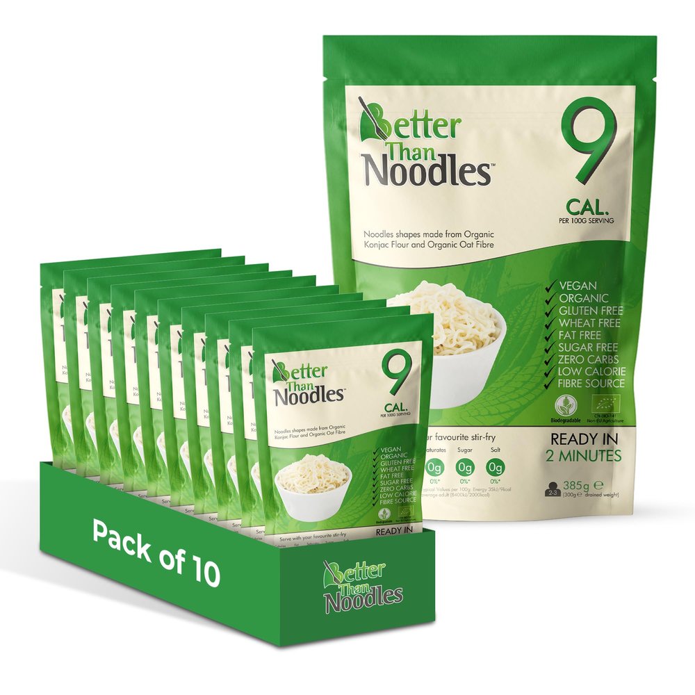 Better Than Noodles Konjac Noodles (Pack of 10, 385g Each) Ready in Minutes, High Fibre Low Calorie Noodle Alternative, Made with Organic Konjac Flour & Oat Fibre, Gluten-Free, Vegan, No Added Sugar
