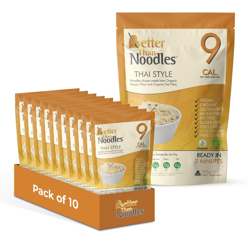 Better Than Noodles Thai Style Konjac Noodles (Pack of 10, 385g Each) Ready in Minutes, Low Calorie Noodle Alternative, Made with Organic Konjac Flour & Oat Fibre, Gluten-Free, Vegan, No Added Sugar