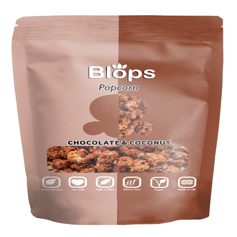 New Blops Range - Gourmet - All Natural Superfood - Vegan - Gluten-Free - Made in UK Popcorn Sharing Bags (Chocolate and Coconut Popcorn, 24 Packets)