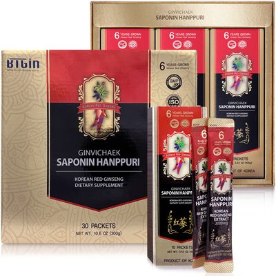 BTGIN Saponin Hanppuri Everyday Korean Red Panax Ginseng Extract Stick - 3000mg High Potency Liquid Supplement - Caffeine Free Energy & Immune Support - 30 Packets