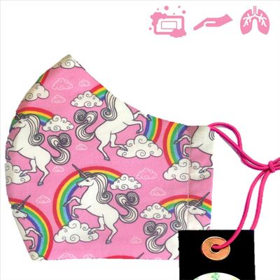 Magical Unicorn kids face mask 100% pure cotton reusable, washable 4 panel filtration, made in London, fast delivery.
