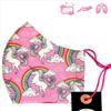 Magical Unicorn kids face mask 100% pure cotton reusable, washable 4 panel filtration, made in London, fast delivery. view 1