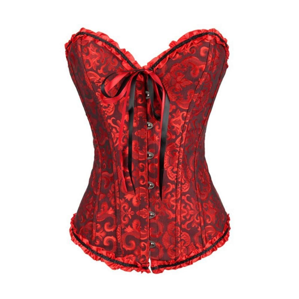 DISSA Women Plus Size Lace up Corset Overbust G-String Top Corset Plastic Boned,C078,Dark Red,6XL