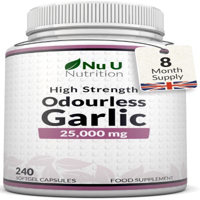 Garlic Capsules 25,000 mg - 240 Softgel Capsules - 8 Month Supply - High Strength Garlic Supplement - Extract from Allium Sativum - 1.5 mg of Allicin - Made in The UK - Nu U Nutrition