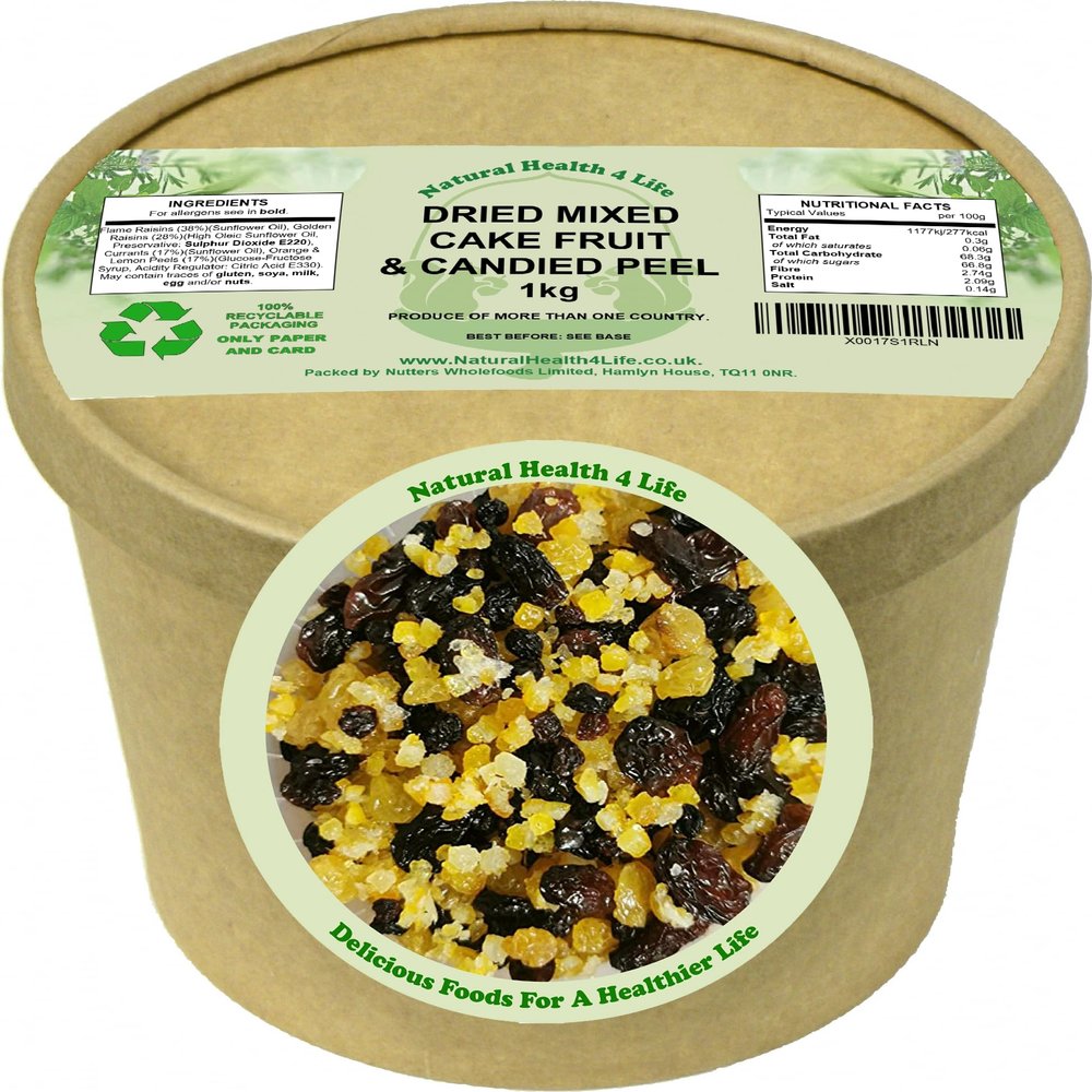 Natural Health 4 Life Cake Baking Ingredients Mixed Fruit (Flame Raisins, Golden Raisins, Currants) with Candied Mixed (Orange, Lemon) Peel 1 kg in Recyclable Tub (1 Tub)