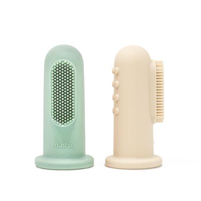 Mushie Baby Finger Toothbrushes | 1x Set of 2 Silicone Finger Toothbrush Baby | Babies First Toothbrush Soothing Irritated Gums | Material: Food-Grade Silicone (Cambridge Blue/Shifting Sand
