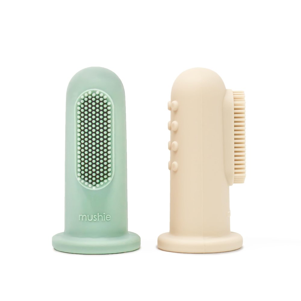 Mushie Baby Finger Toothbrushes | 1x Set of 2 Silicone Finger Toothbrush Baby | Babies First Toothbrush Soothing Irritated Gums | Material: Food-Grade Silicone (Cambridge Blue/Shifting Sand
