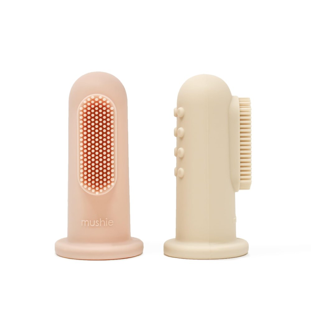 Mushie Baby Finger Toothbrushes | 1x Set of 2 Silicone Finger Toothbrush Baby | Babies First Toothbrush Soothing Irritated Gums | Material: Food-Grade Silicone (Blush/Shifting Sand)
