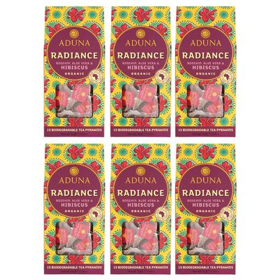 Aduna Organic Radiance Hibiscus Super Tea | Natural Caffeine-Free Infusion With Hibiscus, Rosehip & Elderberry | Superfood Tea for Healthy Skin & Hydration | 15 Biodegradable Pyramid Bags x 6 Packs