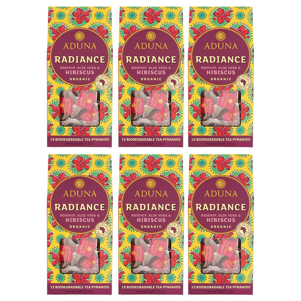 Aduna Organic Radiance Hibiscus Super Tea | Natural Caffeine-Free Infusion With Hibiscus, Rosehip & Elderberry | Superfood Tea for Healthy Skin & Hydration | 15 Biodegradable Pyramid Bags x 6 Packs